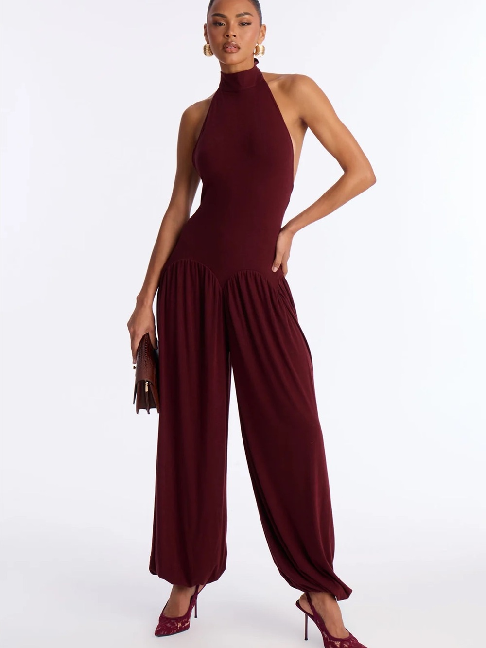 Fashion Nova Sleeveless High-Neck Wide-Leg Jumpsuit in wine red